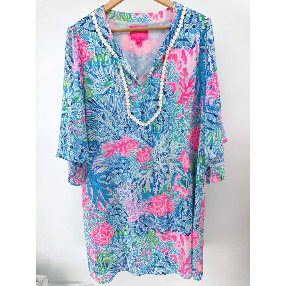 Lilly Pulitzer Veranda Tunic Dress Womens L Underwater Escape Blue Pink